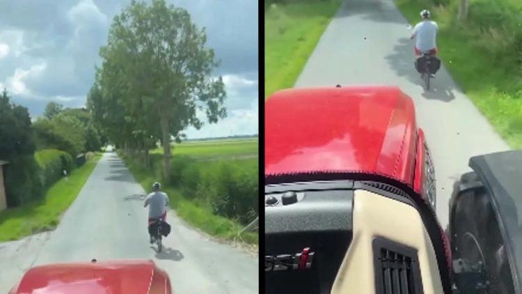 Irritante fietser is niet van plan om opzij te gaan voor deze tractor