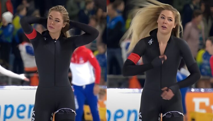 Oeps: Jutta Leerdam ritst schaatspak nét iets te ver open na schaatswedstrijd!