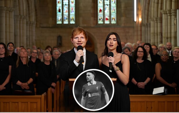 Ed Sheeran en Dua Lipa barsten in tranen uit tijdens eerbetoon op de uitvaart van Diogo Jota — “Dit was geen optreden. Dit was een afscheid.”