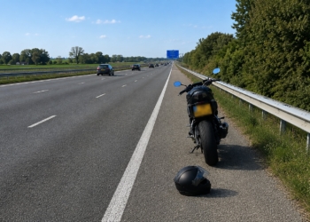 Zie je een motorhelm achter een stilstaande motor liggen, stop dan onmiddellijk!